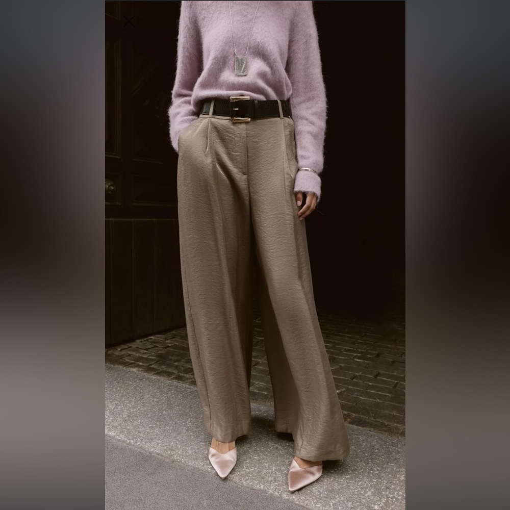 BELTED SATIN WIDE LEG PANTS - Picture 4 of 12
